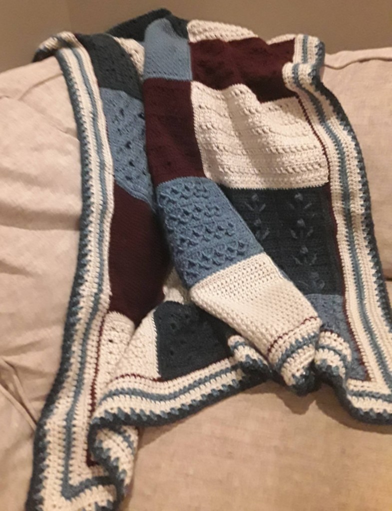 Sampler Afghan gift for brother.